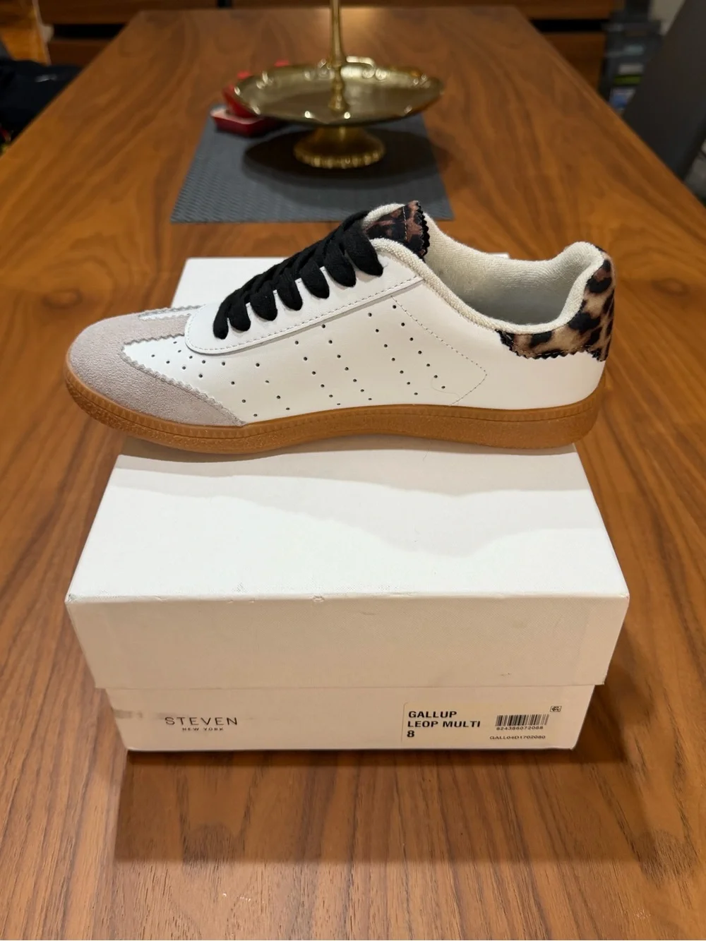Steve Madden White Leather Sneaker with Gum Sole and Leopard Collar